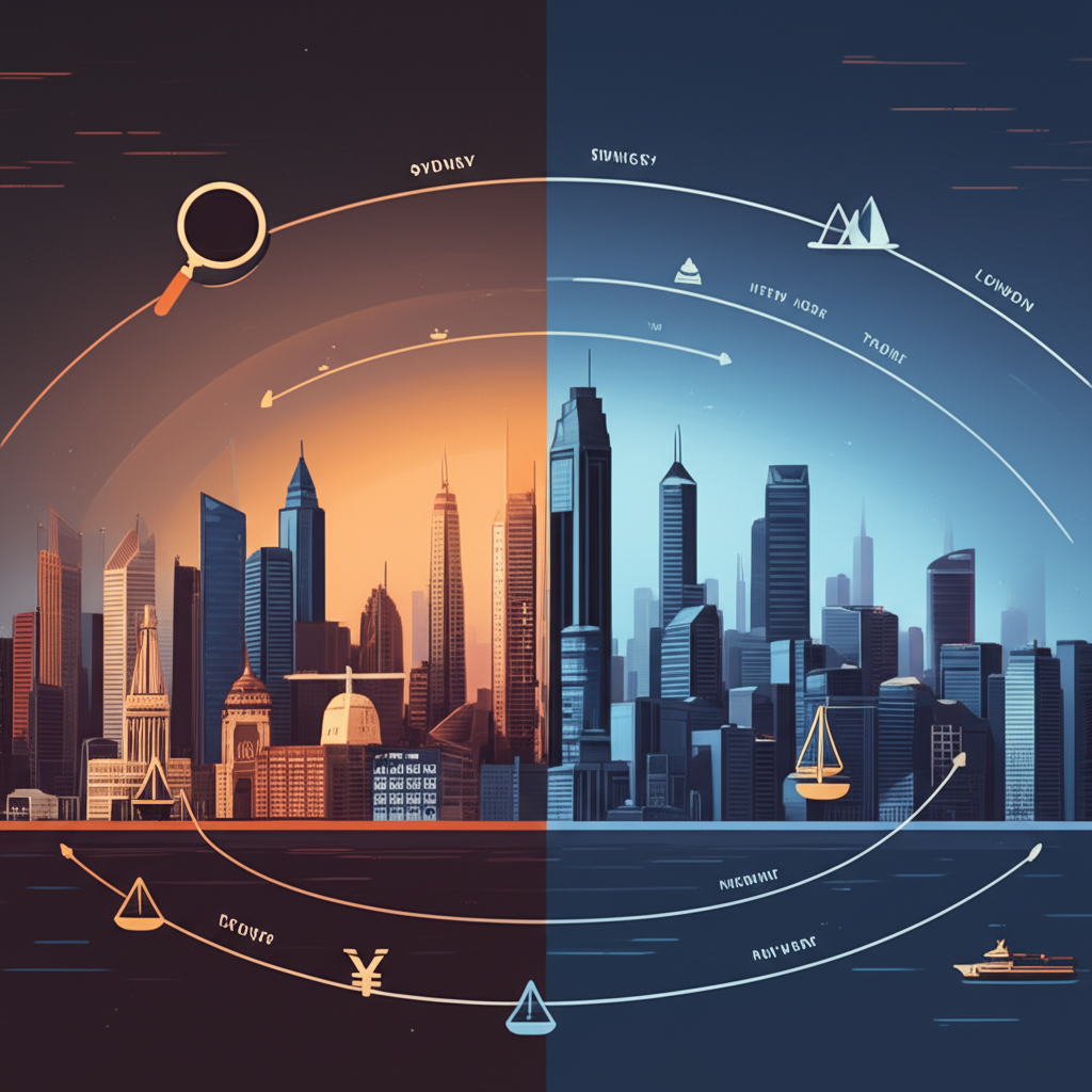 全球金融中心如雪梨、東京、倫敦、紐約24小時運作的插圖，伴隨貨幣交換符號，代表投機、套利、避險及國際貿易