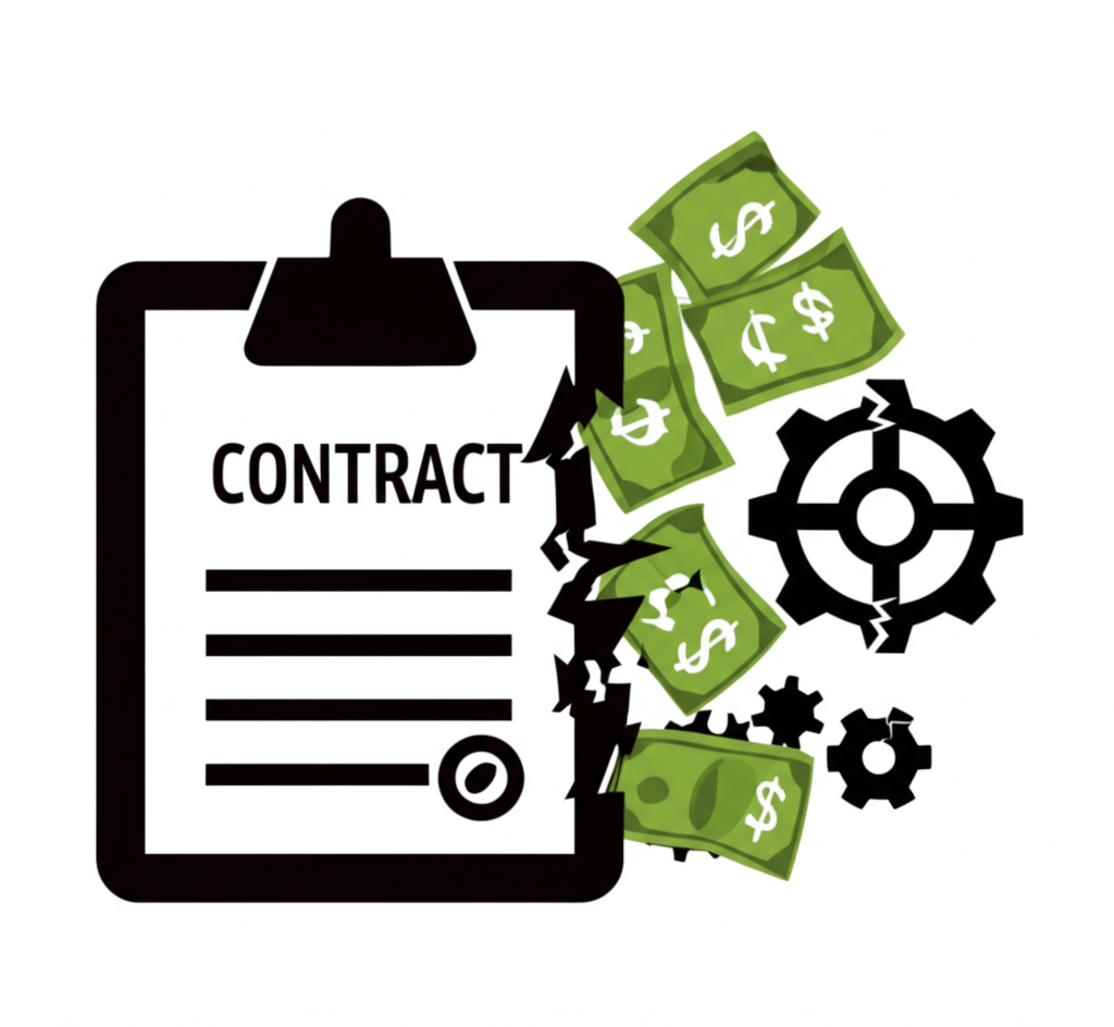 An illustration of a contract breaking apart with money falling away symbolizing default probability loss given default and exposure at default financial gears with broken teeth representing risk elements