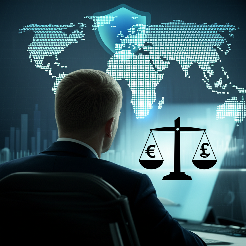 企業主管觀察全球資金流動、貨幣避險盾牌，以及平衡兩種貨幣的利率套利天平插圖