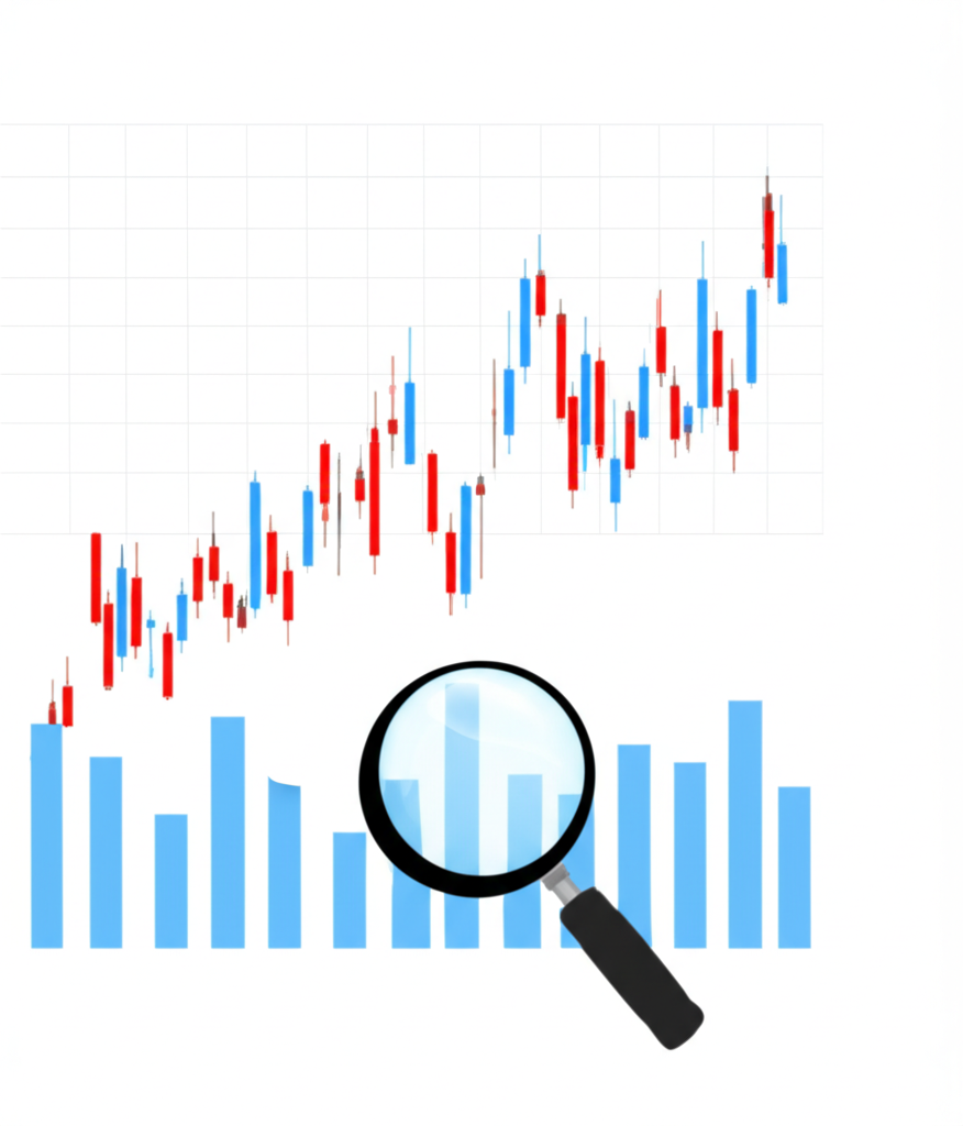 量價關係圖表插圖，顯示成交量與股價的互動如拼圖般契合，放大鏡檢視市場趨勢