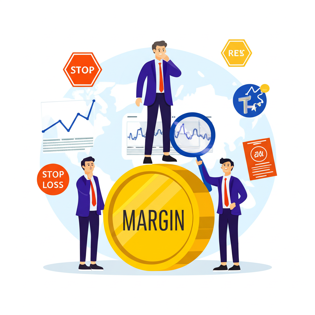 外匯交易新手與資深交易員站在標記為保證金的大型硬幣上，使用放大鏡檢視槓桿與風險管理工具的全球交易環境插圖