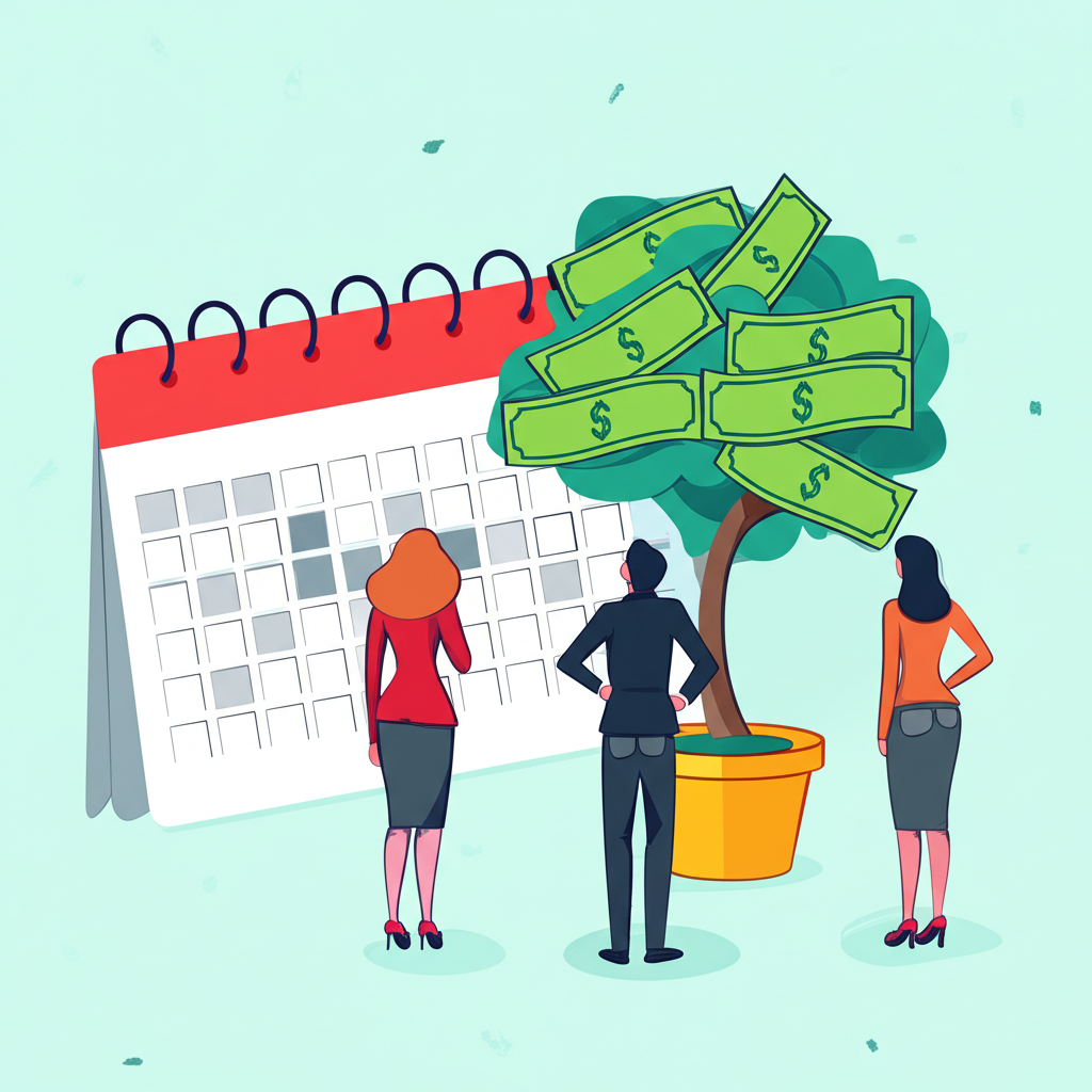 投資人查看日曆與金錢樹,象徵穩定現金流與股息投資疑問
