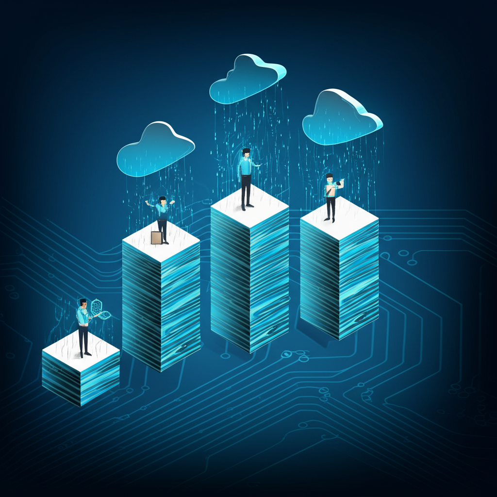 新興科技示意圖：雲端計算、大數據、人工智慧與物聯網作為互聯支柱，支持企業成長與數位轉型成功