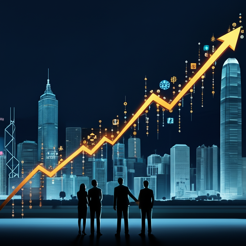 全球投資者觀察那斯達克100指數圖表，背景融入台灣與香港天際線，象徵科技創新與成長