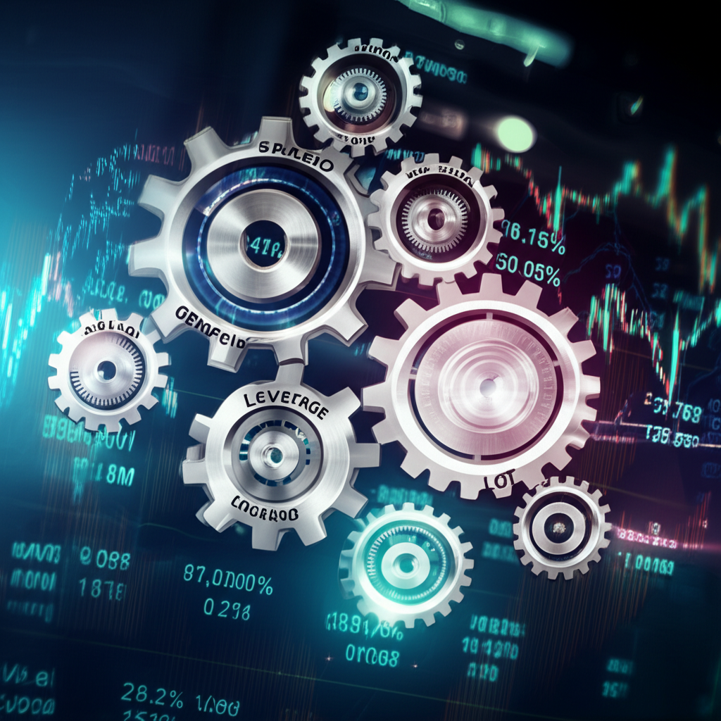 外匯交易術語插圖，如點差、點、手數、槓桿等概念，以互聯齒輪或交易螢幕數位元素呈現