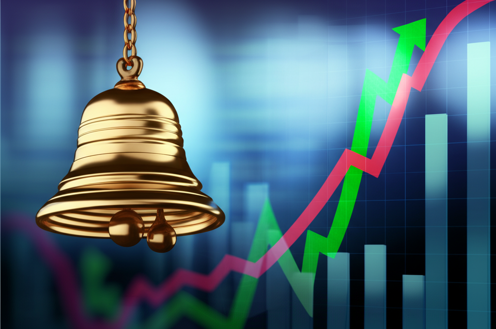 金融市場收盤鐘與股票圖表插圖,象徵交易日結束與收盤價對投資人的重要性