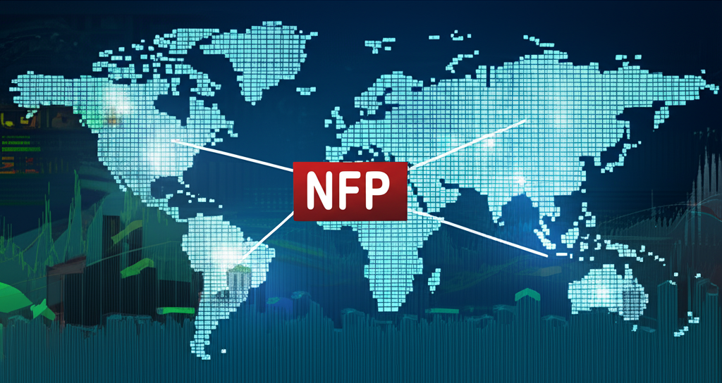 全球金融市場與NFP數據影響的插圖，顯示圖表、貨幣和經濟趨勢的世界地圖