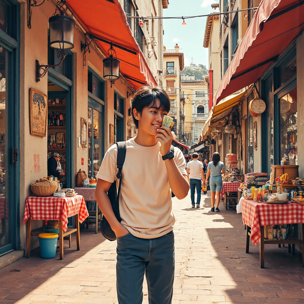 台灣旅客在充滿活力的西班牙市場中,喜悅地檢視歐元紙鈔和硬幣的像素藝術插圖