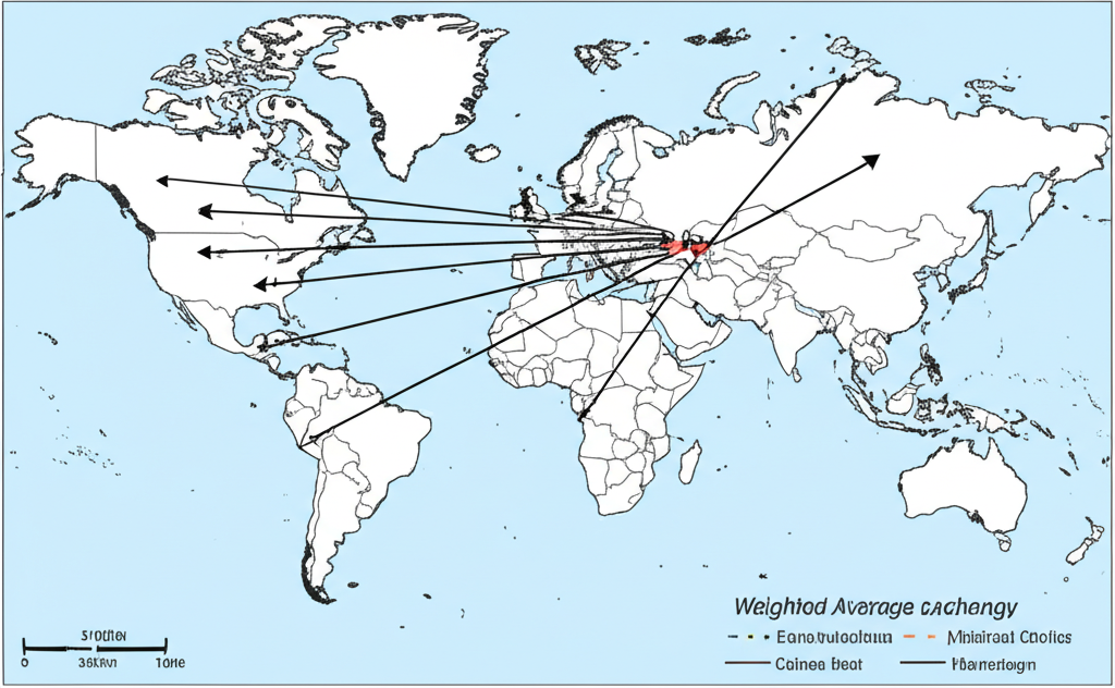 世界地圖上台灣與主要貿易夥伴箭頭連結顯示貨幣匯率加權平均計算代表貿易競爭力插圖