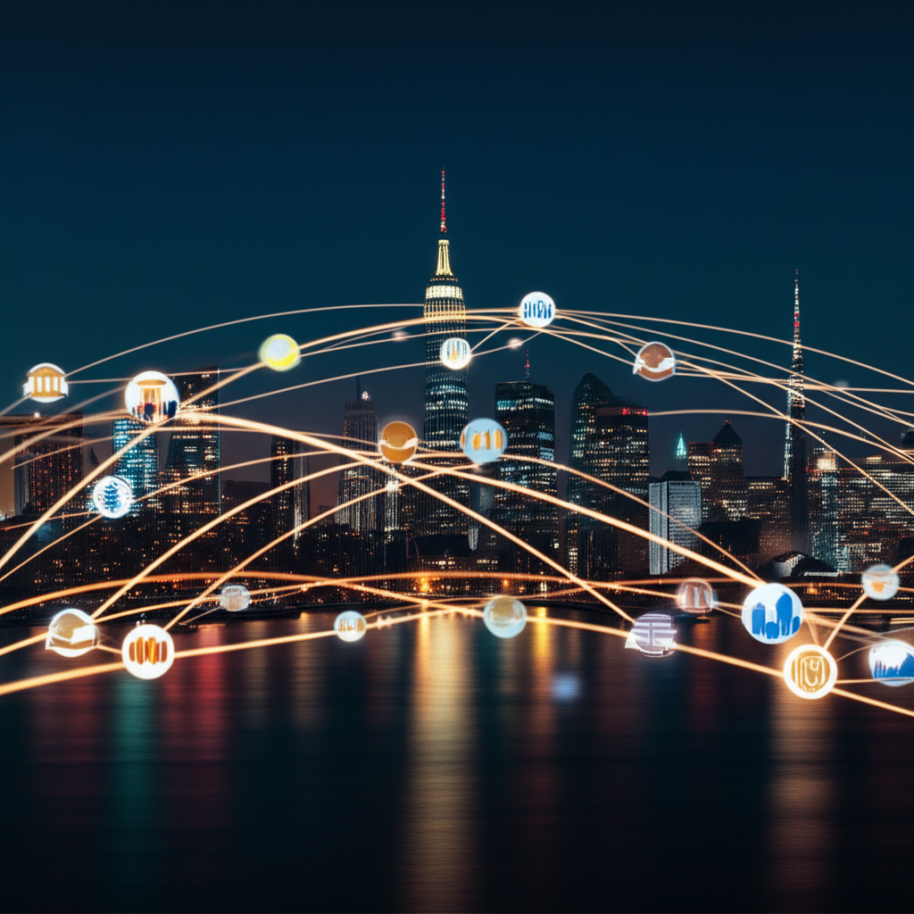 24小時全球金融網路插圖，連接倫敦、紐約、東京等主要城市，展示銀行與個人投資者等多元參與者