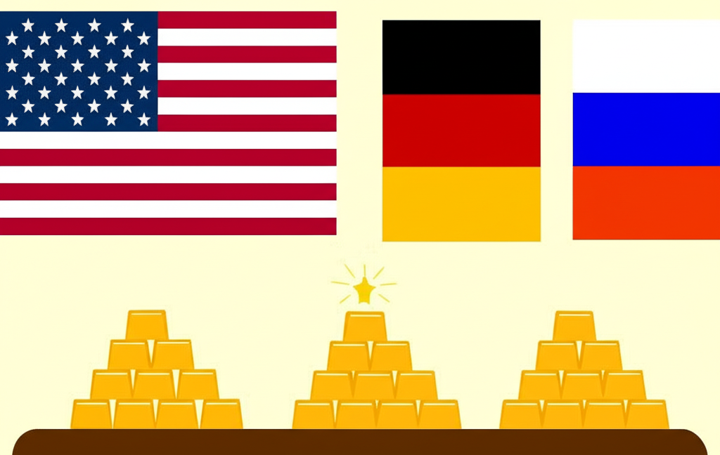 An illustration depicting flags of the USA Germany China and Russia alongside large stacks of gold bars highlighting their respective gold reserve strategies and global economic influence illustration style