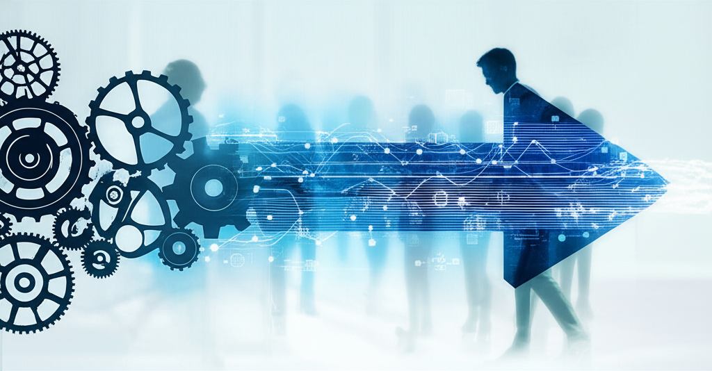 數位轉型示意圖：企業從傳統模式轉向數位化，齒輪與數據流象徵營運變革、客戶體驗提升與創新文化