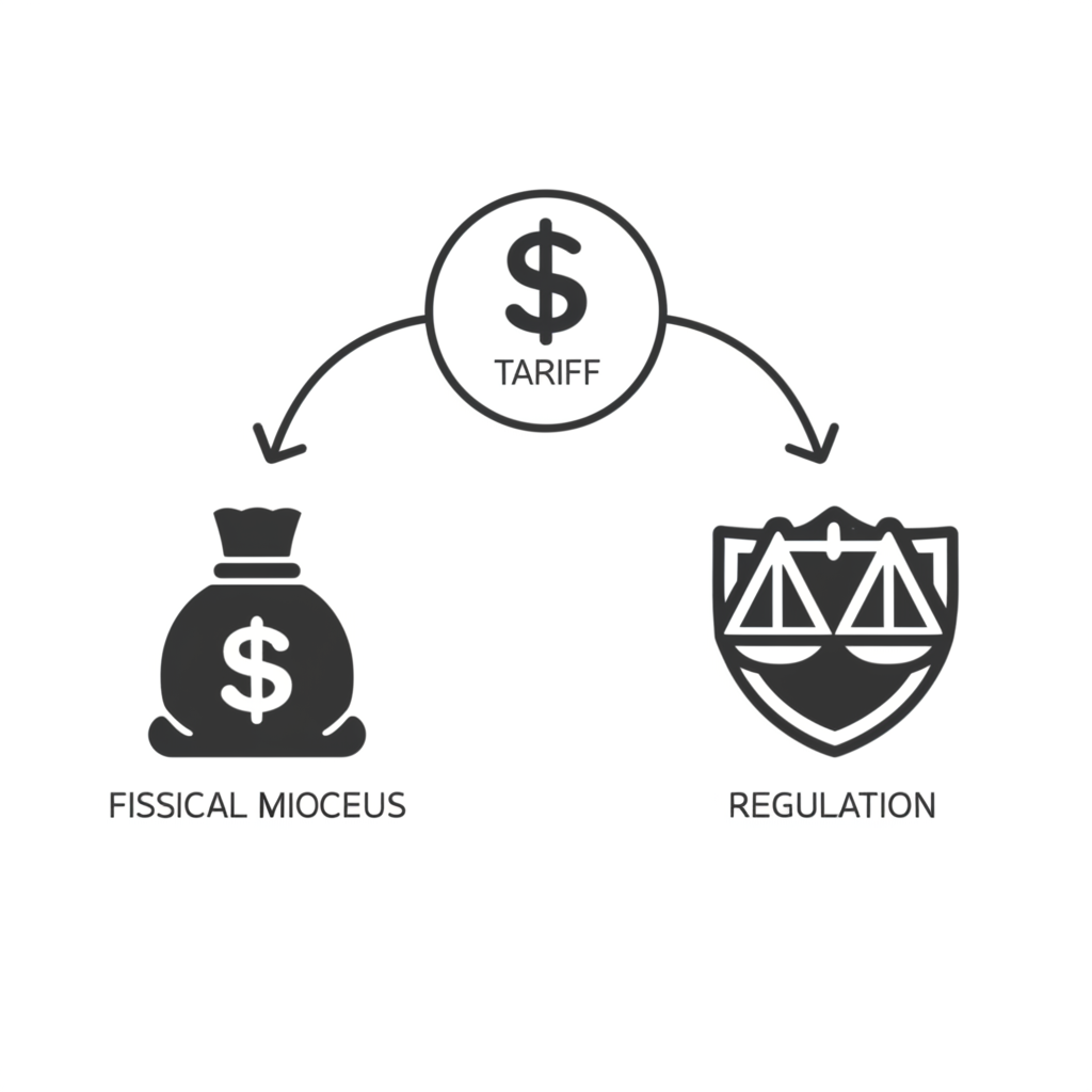 關稅三大功能的圖示：財政錢袋、保護盾牌與調節天平