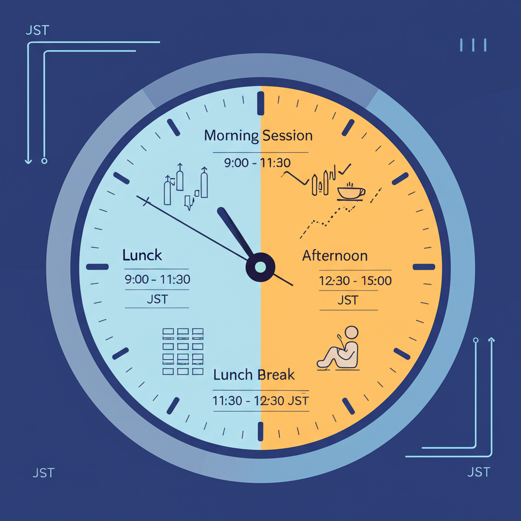 時鐘面盤分為上午盤午休與下午盤，標示JST時間，顯示交易活躍與休息寧靜