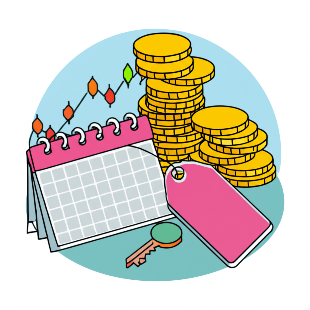 四個關鍵金融要素的圖示:股票圖表、價格標籤、日曆和一疊硬幣代表期權金