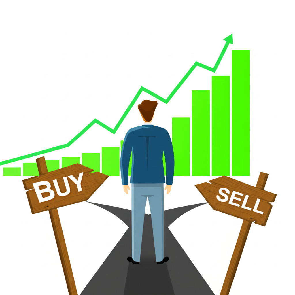 交易者站在決策路口插圖，背景為放量突破的股價圖表，指引買賣方向
