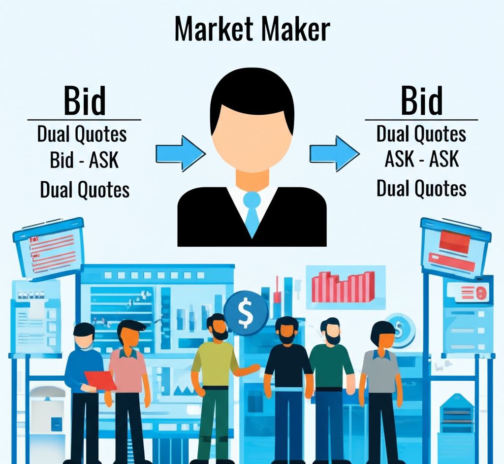 做市商核心功能圖解，展示雙向報價以買入價和賣出價促進交易，降低投資人滑點