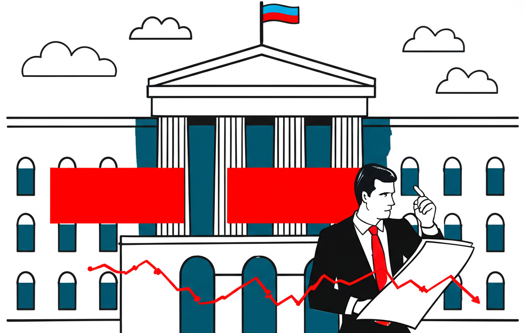 政府建築大紅色減號,國旗與經濟圖表顯示赤字,政客憂慮看預算報告