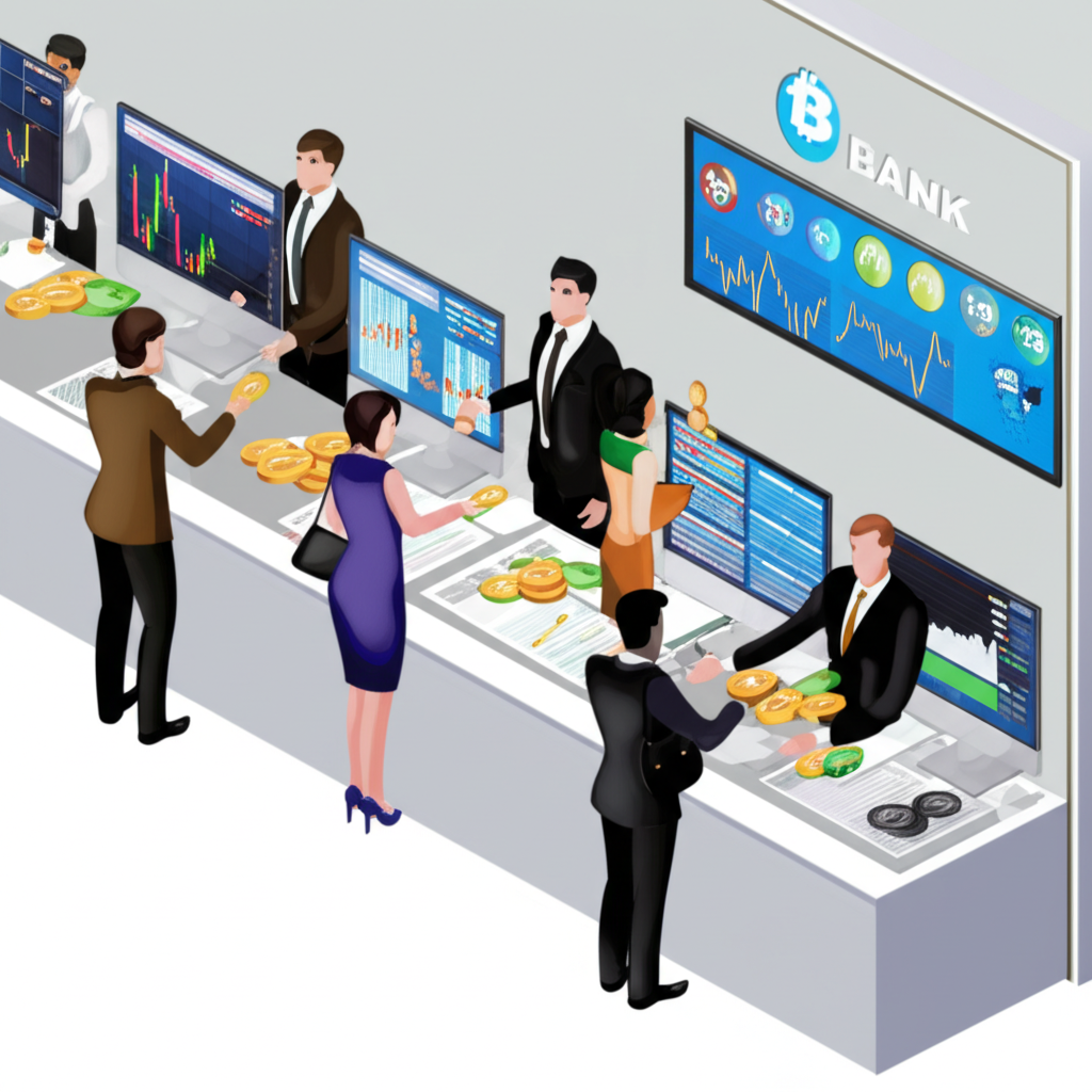 多樣人群在銀行櫃台兌換不同貨幣，以及專業交易員監控貨幣圖表的金融機構插圖