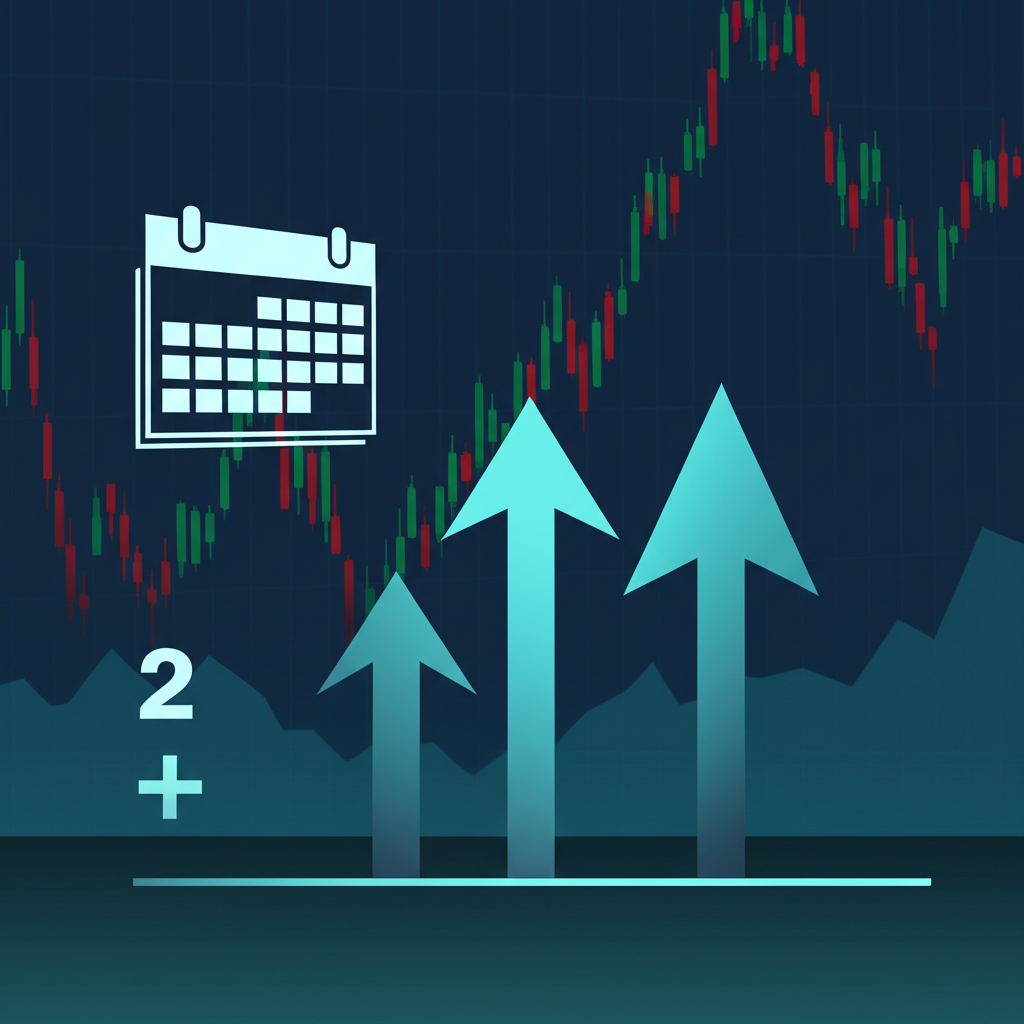 槓桿型ETF雙倍每日報酬概念圖，兩支上漲箭頭加號與數字二，背景有日曆與股市圖表