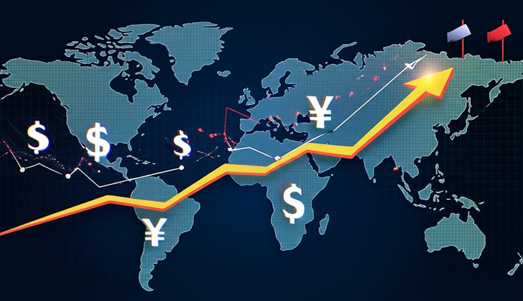 全球經濟景觀中美元與日圓交織的波動圖，顯示歷史高點與經濟轉變及地緣緊張