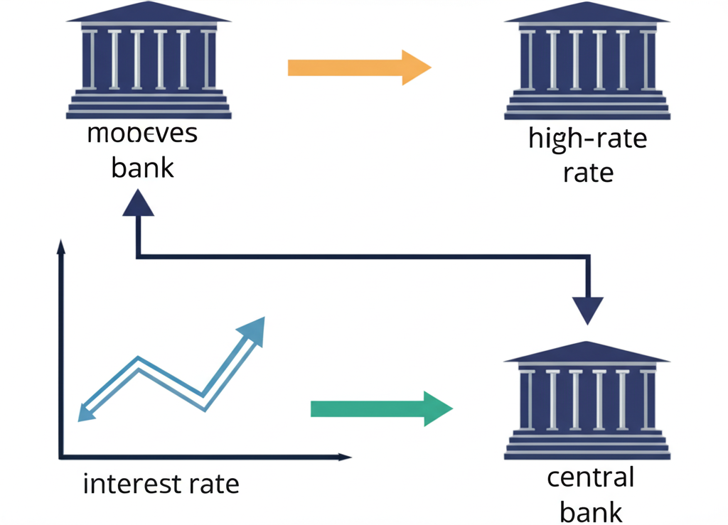 央行利率差異圖解，顯示一國升息另一國維持低率，資金從日圓流向美元象徵政策分歧