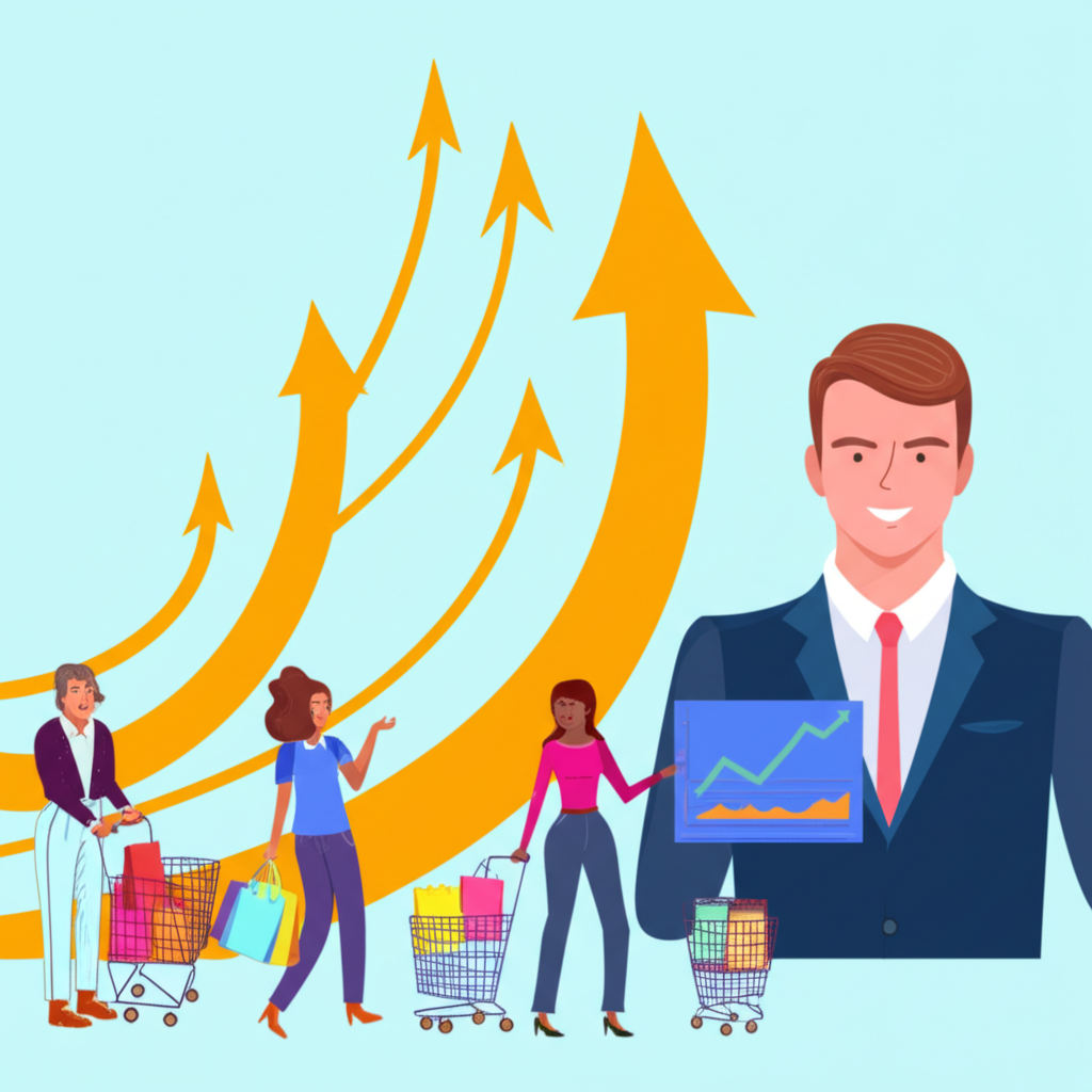 零售銷售圖表分層顯示總額核心與實質數據,放大鏡細看汽車汽油食品等消費類別