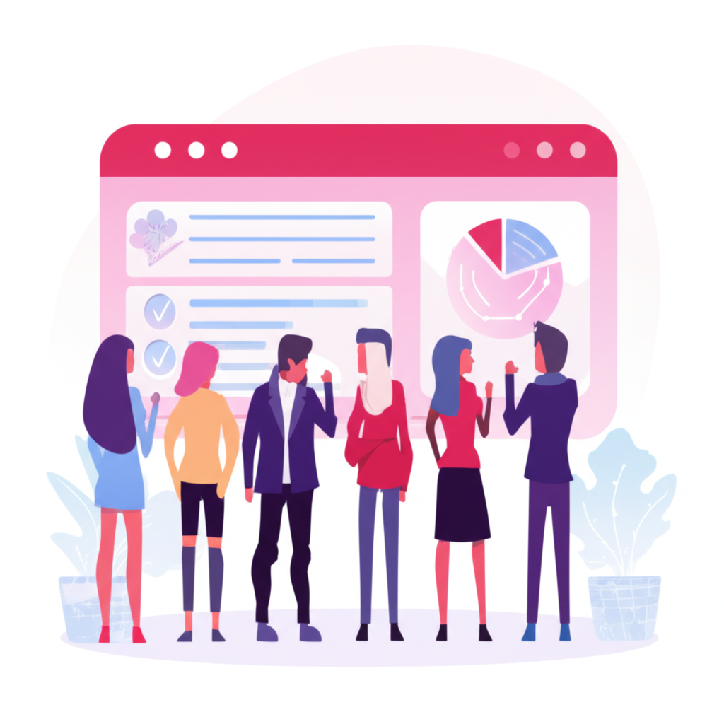 一群新投資者觀看數位金融市場介面,學習現貨交易的圖示風格