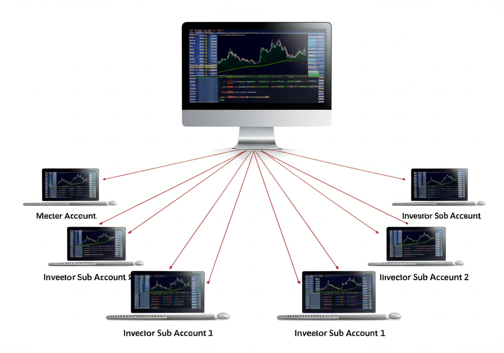 主帳戶螢幕透過數位線路連接多個投資人子帳戶的插圖,象徵MT4平台上的訂單複製與高效多帳戶管理