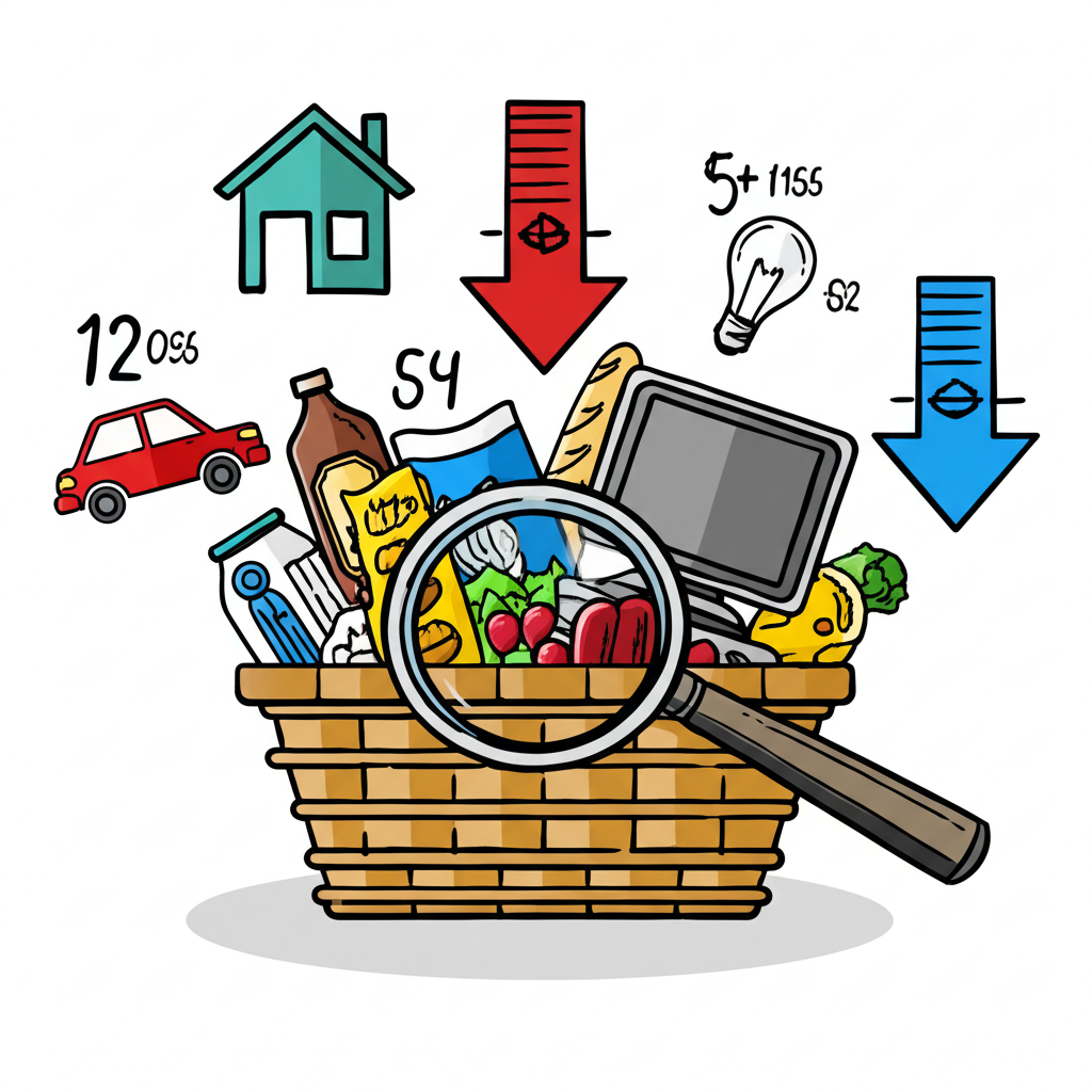 消費者物價指數 CPI 放大鏡檢視商品籃子價格變化，象徵通貨膨脹與緊縮