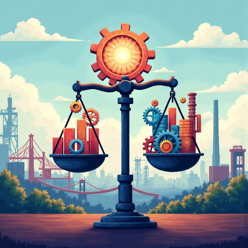 工業生產指數像素藝術圖，展示齒輪和圖表在經濟景觀中的平衡