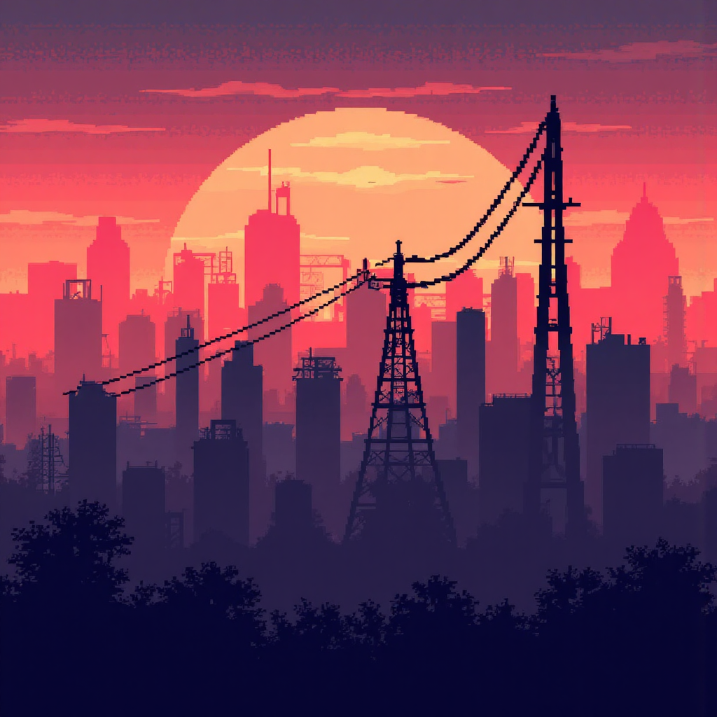 城市天際線與上升趨勢圖的像素藝術，象徵正面工業生產展望