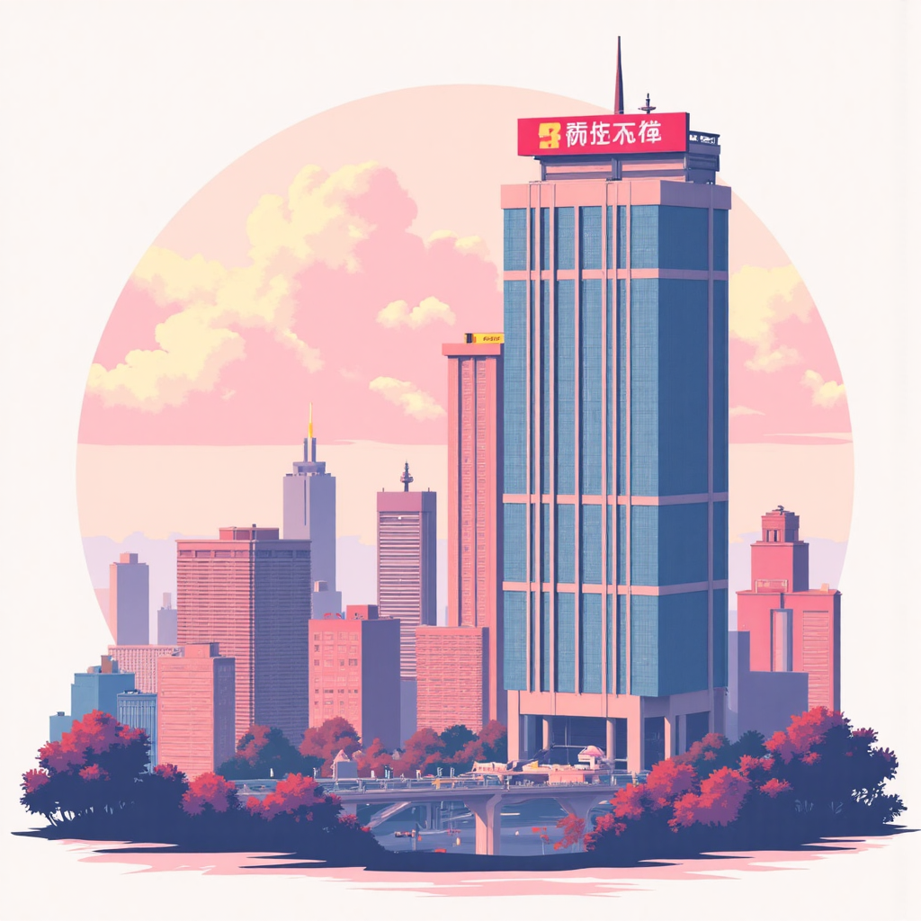 台灣企業借殼上市像素藝術插圖，現代公司標誌與股票交易所建築融合，展現順暢轉型與樂觀氛圍