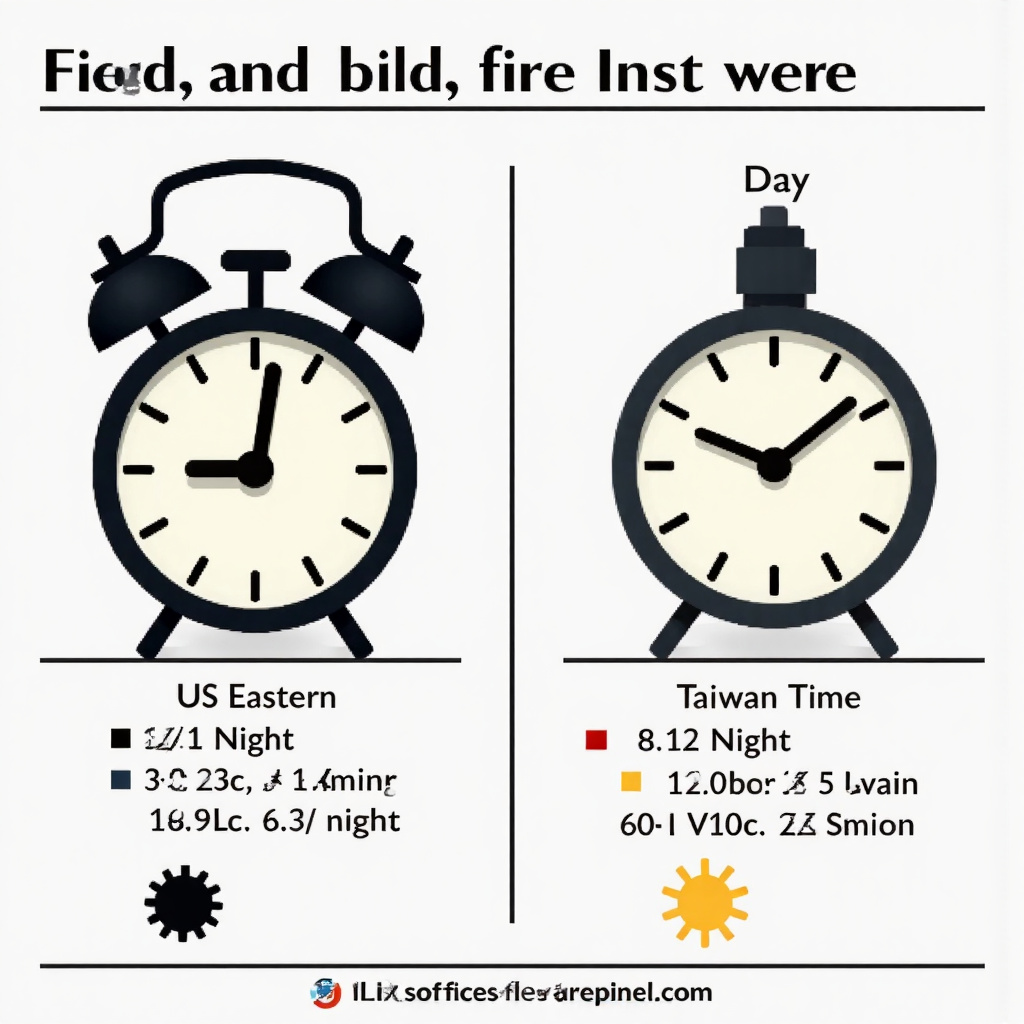 時鐘圖示顯示美國東部時間與台灣時間的轉換，標註夏令與冬令時間差異