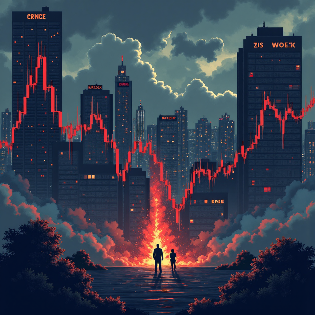 美股市場劇烈下跌的像素藝術插圖，投資者憂心忡忡地注視著暴風雨下的股價走勢圖