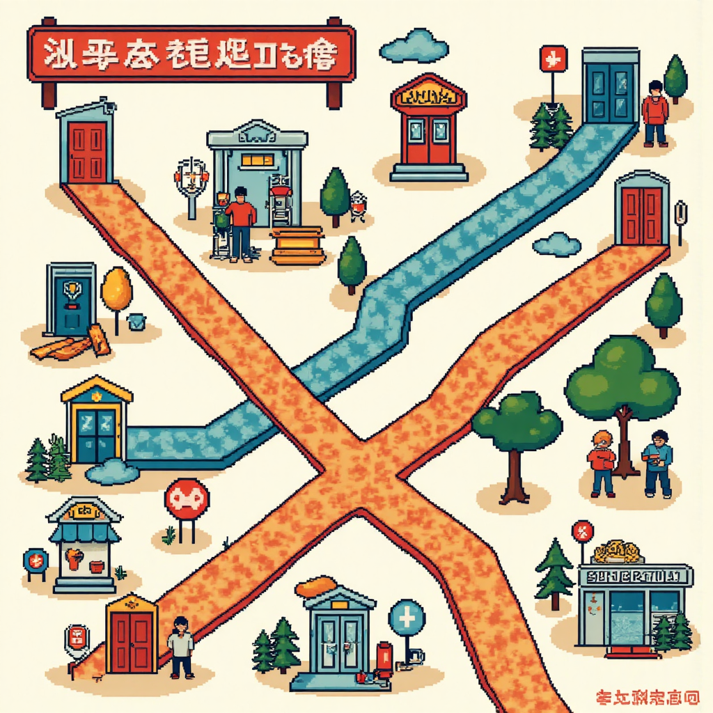 通往美國國債市場的各種管道與門戶像素藝術插圖，包含海外券商與台灣銀行符號