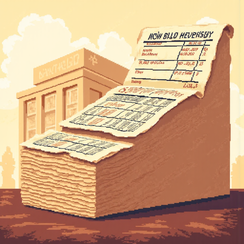 中央銀行建築與縮小帳本的像素藝術插圖,象徵資產負債表縮減,背景有經濟圖表