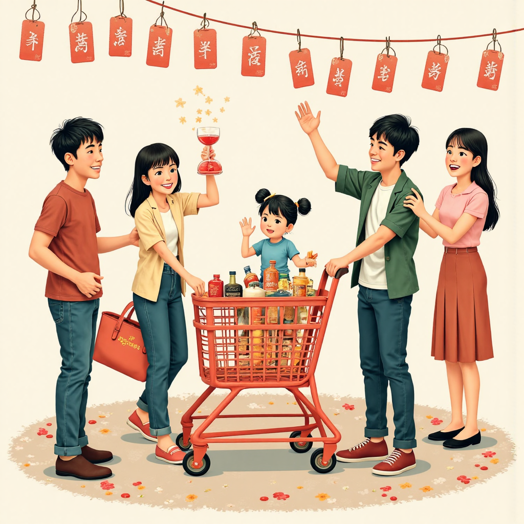 像素藝術風格的台灣家庭處理價格標籤與經濟圖表插圖，強調成長與穩定元素