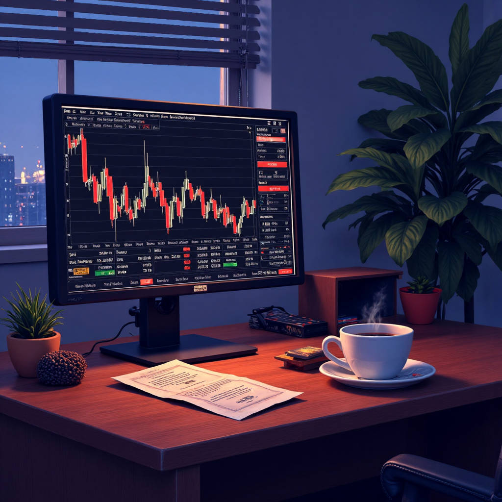 黃昏交易終端與股票證書的溫馨像素藝術圖像，伴隨熱茶的柔和光芒