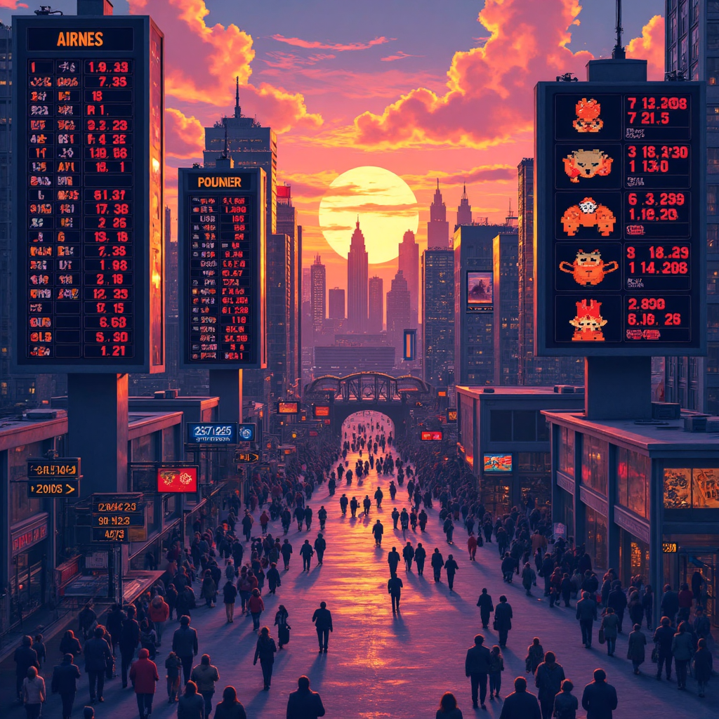 台灣股市日出時繁忙交易地板的像素藝術圖像，展示數位顯示器上的動物圖標股票