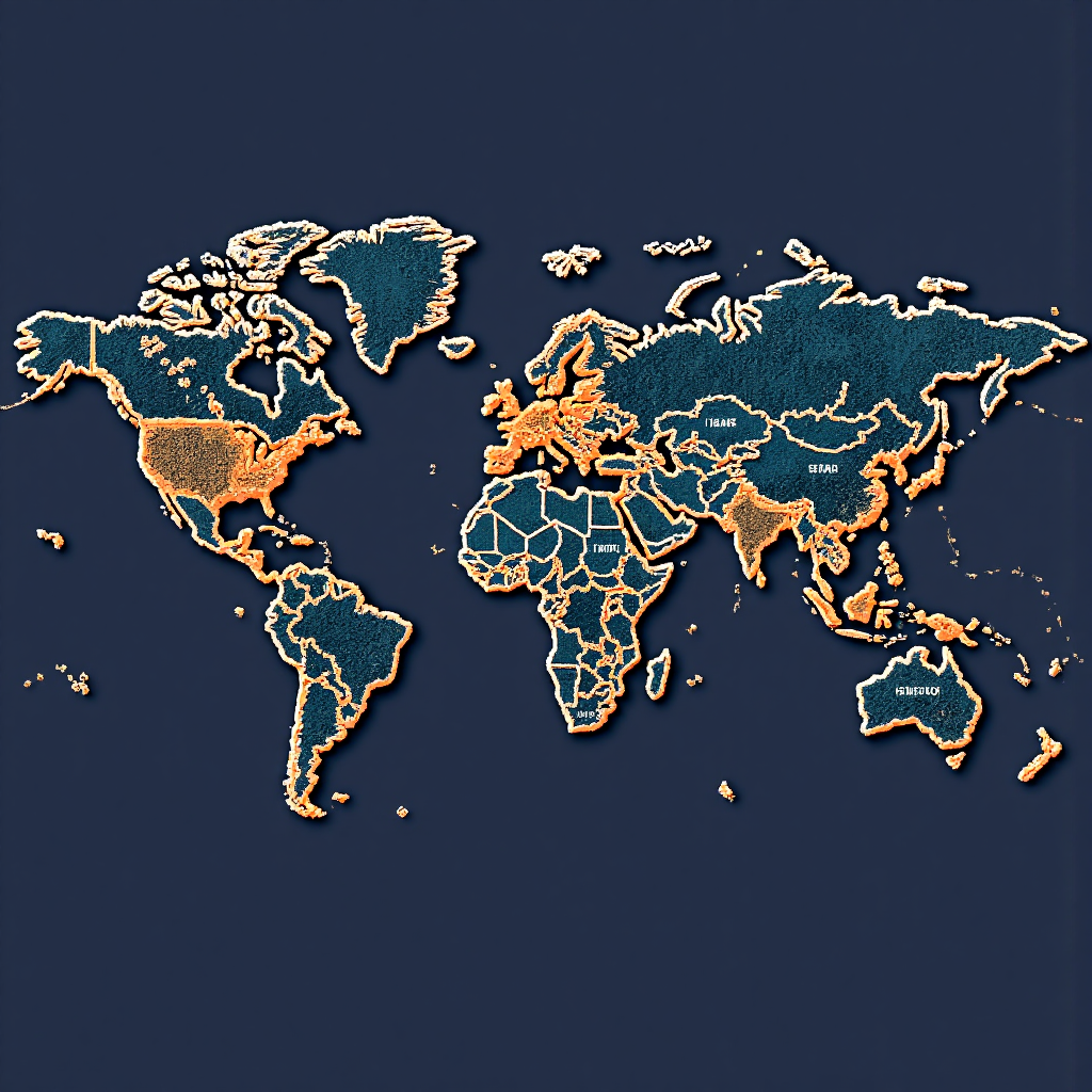 世界地圖俯視圖,貨幣符號從澳洲流向美國,周圍有細微經濟指標的像素藝術