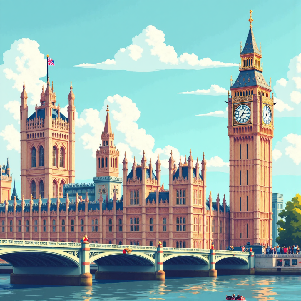 英國金融時報指數 FTSE 100 像素藝術示意圖,大笨鐘與倫敦證券交易所建築,象徵金融樂觀氛圍