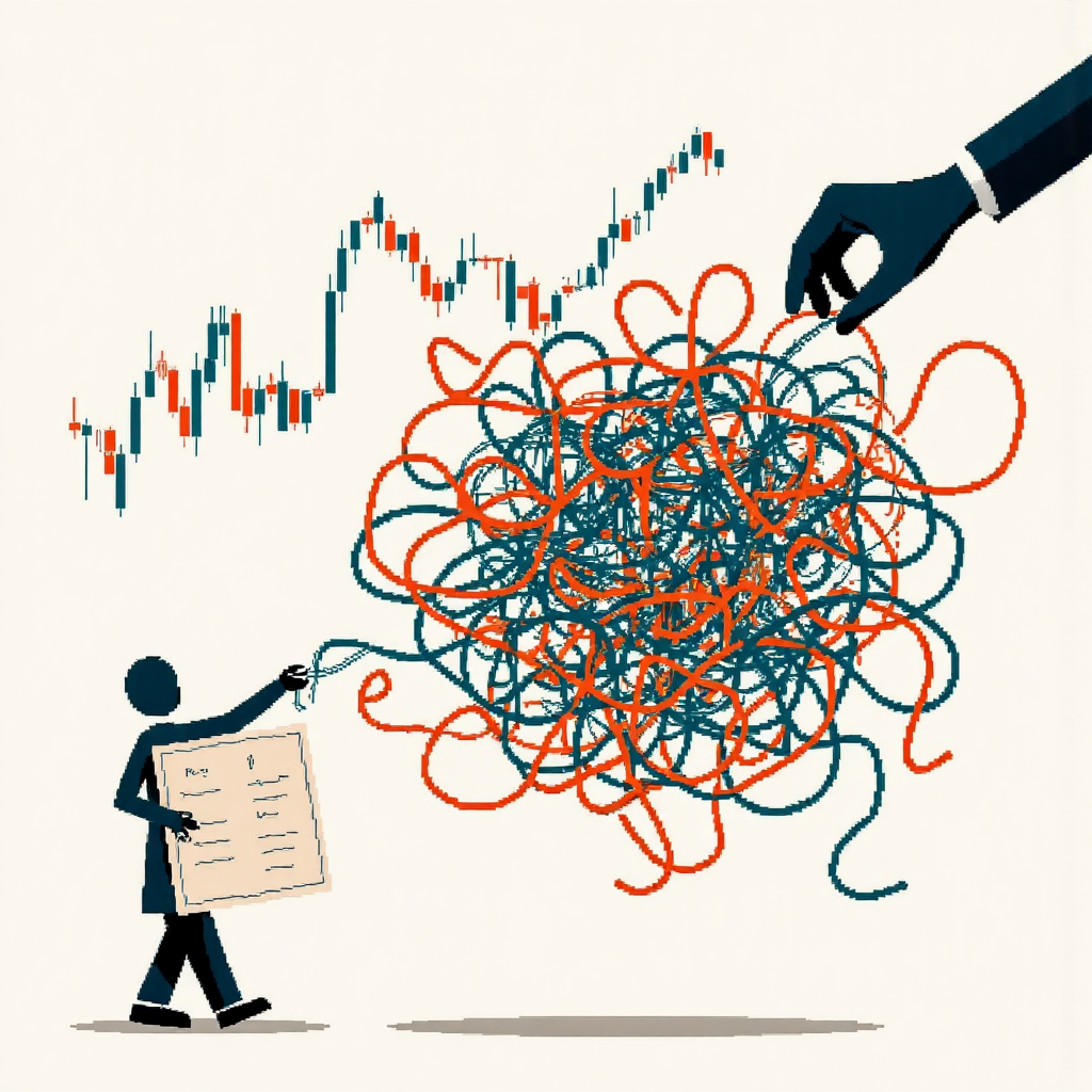 央行手解開股市與債市糾纏圖表的像素藝術插圖,代表縮表對金融市場的複雜影響