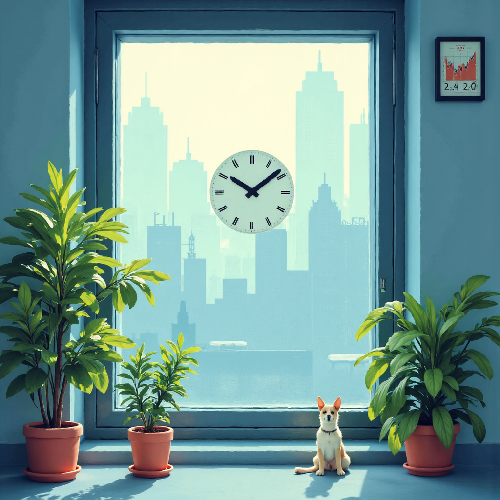 鐘面融入股票圖表的白天寧靜像素藝術圖像，以柔和藍綠色調呈現