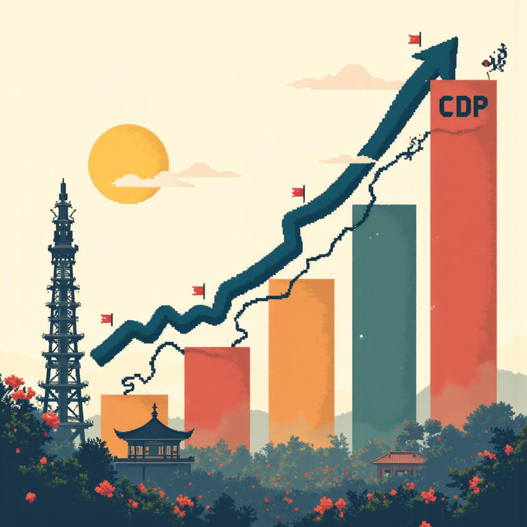 像素藝術風格的 GDP 上升柱狀圖與 CPI 波動線互動插圖，帶有台灣建築元素和柔和晨光