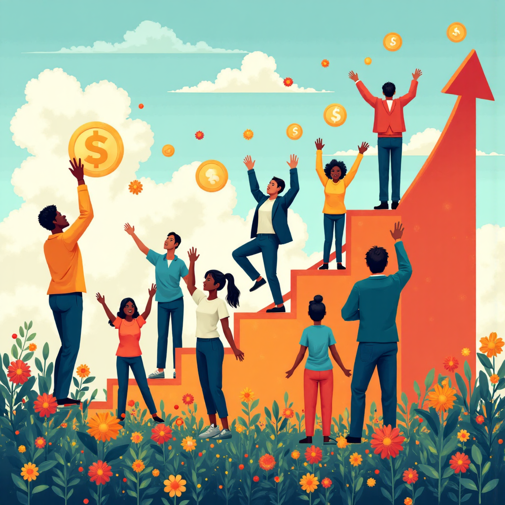 多元人群與上升股票圖表象徵金融繁榮機會