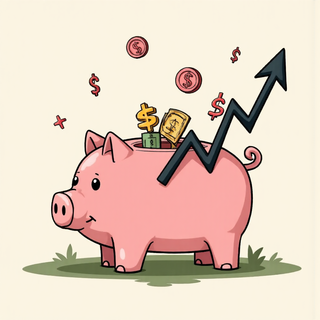 信用交易概念的像素藝術插圖,豬仔銀行轉變為交易圖表與股票符號浮動