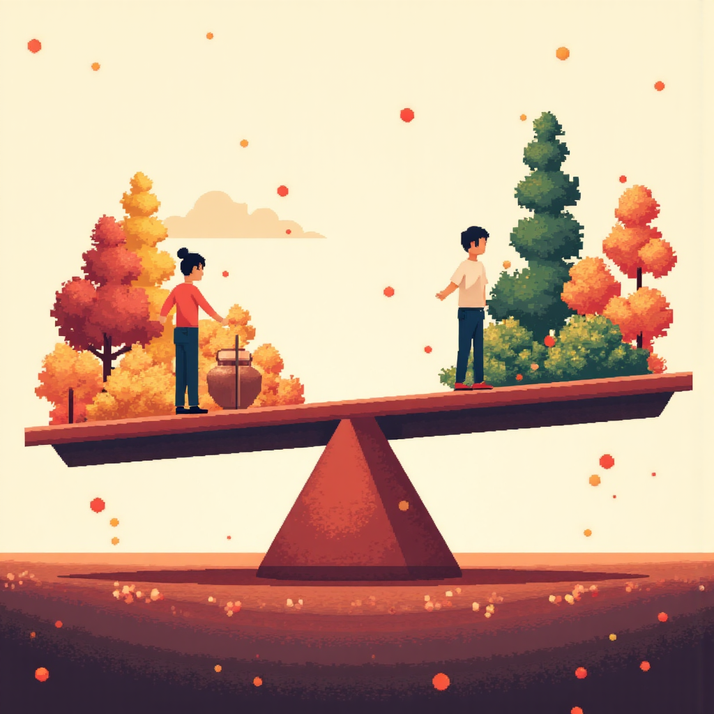 像素藝術風格的 GDP 和 CPI 作為平衡蹺蹺板插圖，融入台灣元素與溫暖色調