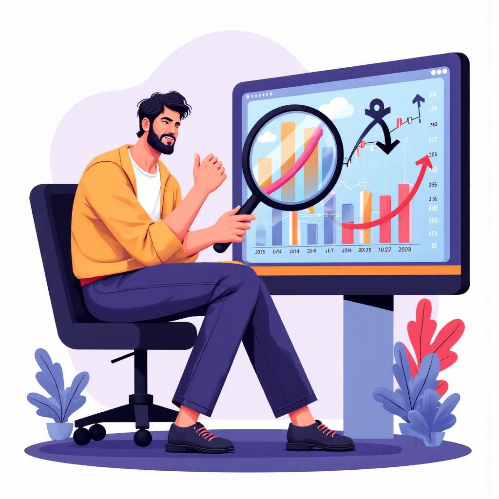 股票市場槓桿與風險的像素藝術插圖,展示投資人管理圖表與放大財務圖形